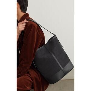 HUNTING SEASON Leather Trimmed Raffia Hobo Figue Shoulder Bag in Black